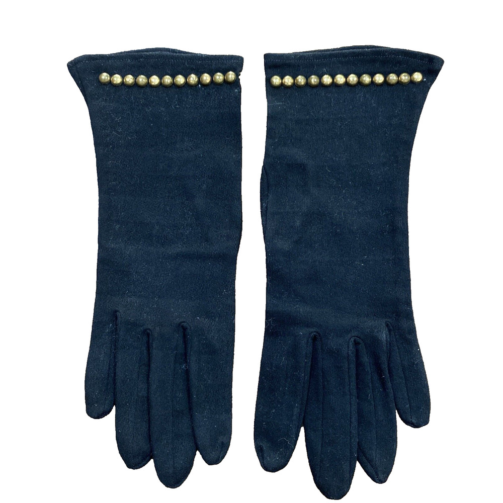 Vintage Black Fabric Driving Gloves Brass Studs Wrist Length Cotton Mid Century